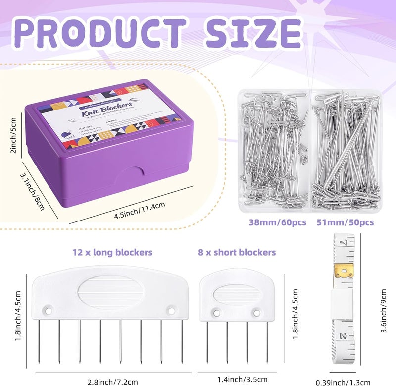 Opstin 130Pcs Knit Blocking Pins Kit for Knitting & Crochet Projects,20 Knit Blockers, Blocking Combs, Knitting Block Pins for Blocking Mats, Crochet Block Kit with 100 T-Pin and Storage Box - Image 2